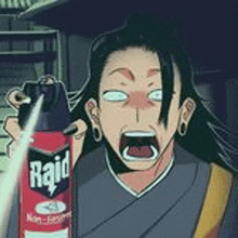 a cartoon character is holding a bottle of raid insecticide .