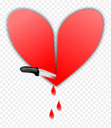 a red heart with a knife in it and blood dripping from it