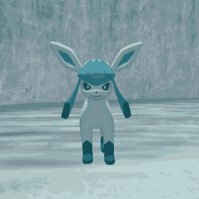 a cartoon character with blue ears and legs is standing in the snow