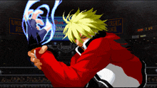 a pixel art of a man in a red jacket in front of a universal arena sign