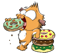 a cartoon cat is eating a donut next to a pile of donuts