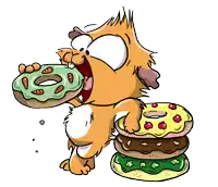 a cartoon cat is eating a donut next to a pile of donuts