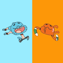 gumball and darwin from the amazing world of gumball are shown on a blue and orange background