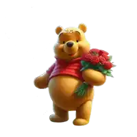 a winnie the pooh bear holding a bouquet of roses