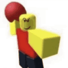 a roblox character is holding a red boxing glove and a yellow box .