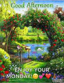 a good afternoon greeting card with a painting of a garden with flowers and a lake