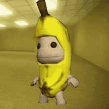 a stuffed animal in a banana costume is standing in a hallway