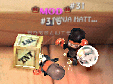 a video game screen shows a ninja holding a bomb next to a box that says tnt