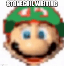 a blurry picture of mario wearing a green hat with the words stonecoil writing on it