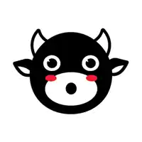 a black and white cartoon cow with horns and red cheeks .