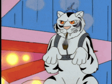 a cartoon of a white tiger with orange eyes smoking a pipe