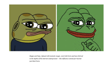 a cartoon of two frogs with the caption " hoppy and pepe " on the bottom