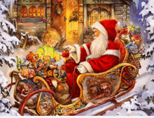 a painting of santa claus in a sleigh with a little girl looking on