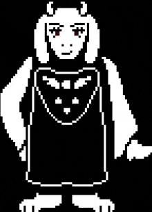 a pixel art drawing of a cartoon character with horns and a heart on her chest .