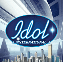 a logo for idol international shows a futuristic city