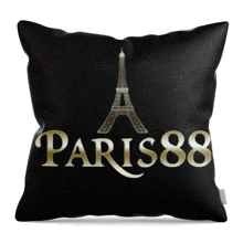 a black pillow with a paris88 logo on it