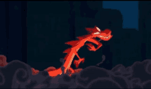 a red cartoon dragon is running through a cloud of smoke in the dark .