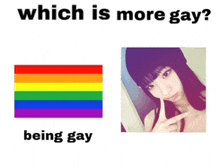 a picture of a rainbow flag next to a picture of a girl pointing at herself