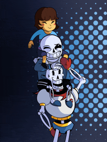 a cartoon of a girl riding on the shoulders of two skeletons