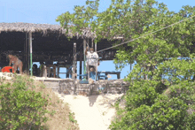 a woman in a bikini sits under a thatched hut