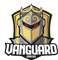 a logo for vanguard gaming shows a knight with a crown