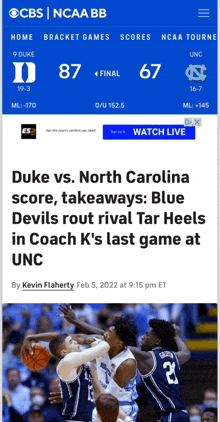 a screenshot of the duke vs. north carolina game