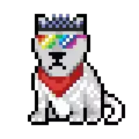 a pixel art drawing of a dog wearing a crown and sunglasses