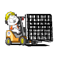 a cartoon drawing of a cat driving a forklift with a sticker that says ' i love dogs '