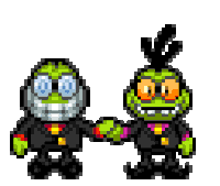 a pixel art of two frogs shaking hands