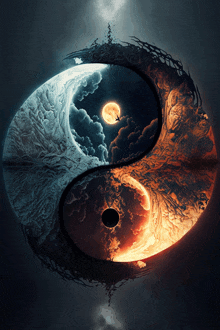 a painting of a yin yang symbol with a full moon in the background