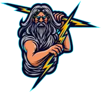 a man with a beard is holding a lightning bolt in his right hand