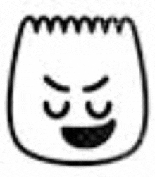 a black and white drawing of a cartoon character 's face with an angry expression and a smile .