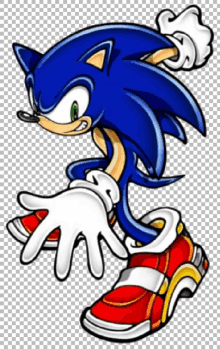 a cartoon drawing of sonic the hedgehog wearing gloves and shoes