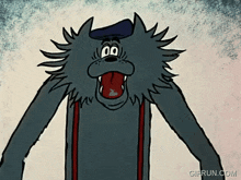 a cartoon drawing of a wolf wearing suspenders