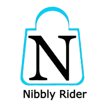 a logo for nibbly rider shows a blue bag with the letter n on it