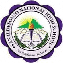 the logo for san ildefonso national high school is a purple circle with a mountain in the middle .