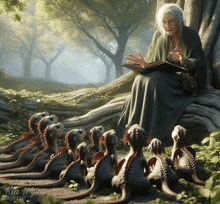 a painting of an elderly woman reading a book to dragons by kia wright