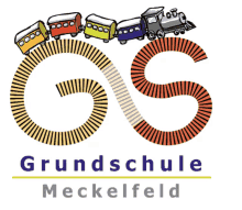 a logo for grundschule meckelfeld shows a train going down a track