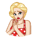 a cartoon of a woman in a red polka dot dress praying .