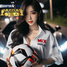 a woman holding a soccer ball in front of a car with a museum bola logo