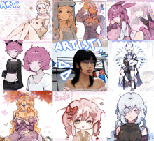 a collage of anime drawings with the word artist on top