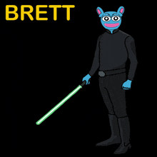 a cartoon character named brett is holding a light saber