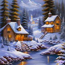 a fantasy color painting of a snowy landscape with houses