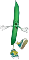 a green cartoon character with arms and legs is wearing blue sneakers