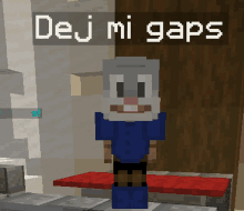 a minecraft character is standing in front of a sign that says ' dej mi gaps ' on it