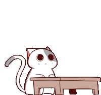 a cartoon cat is sitting at a table with a sad look on his face