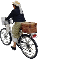 a woman wearing a hat is riding a bicycle with a license plate that says saddleback