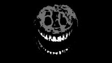 a black and white drawing of a cake with a smiling face on a black background .