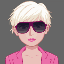 a woman wearing sunglasses and a pink jacket