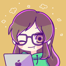 a cartoon drawing of a girl with glasses and a green hoodie